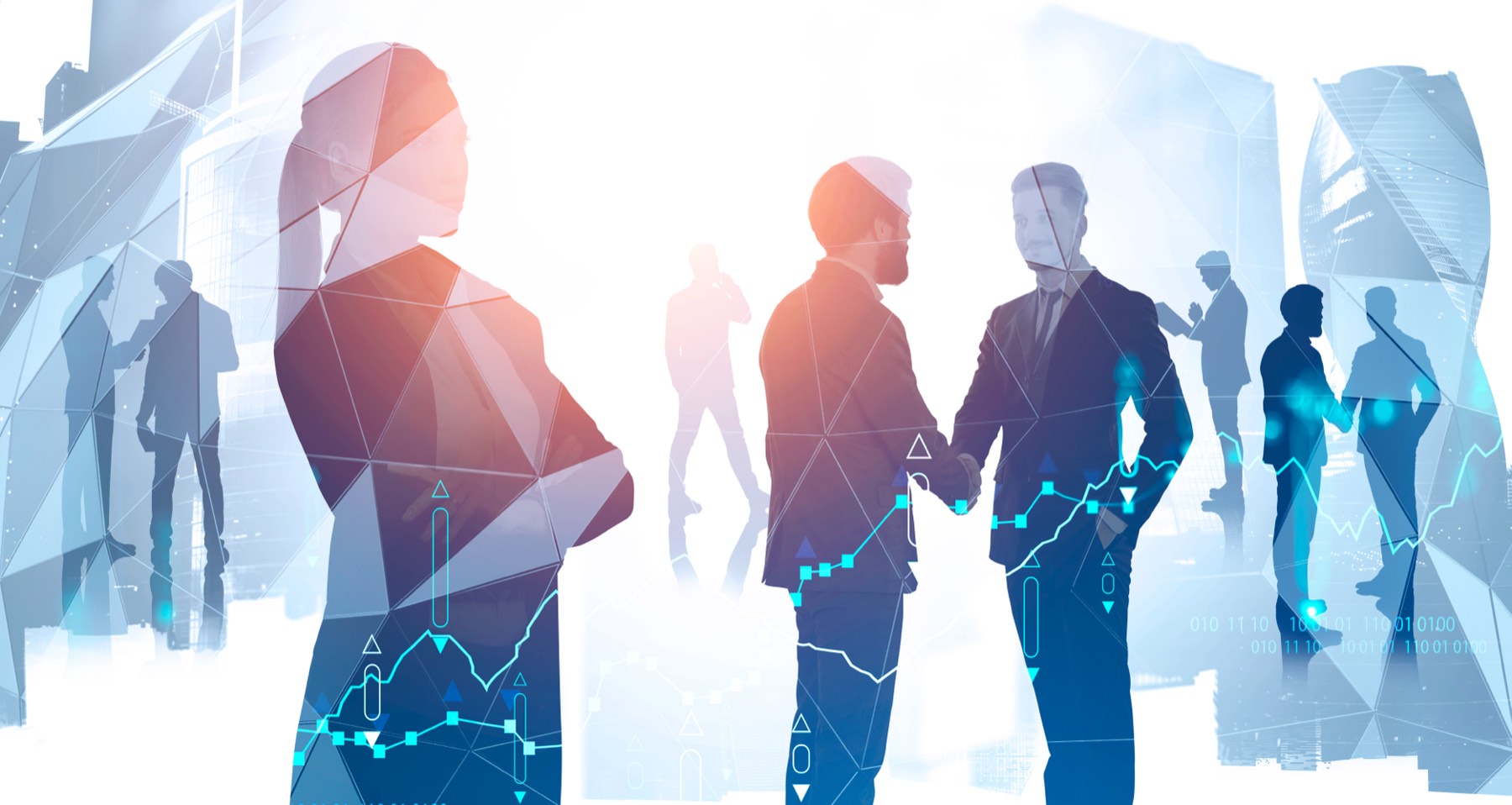 Business partners shaking hands, overlaid with market data